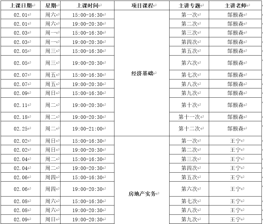 2020年中级经济师优情班直播教学安排表一